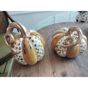 Pair Resin Pumpkins Orange & Leopard Print 5 & 6" Hand Painted by me Curly Stem